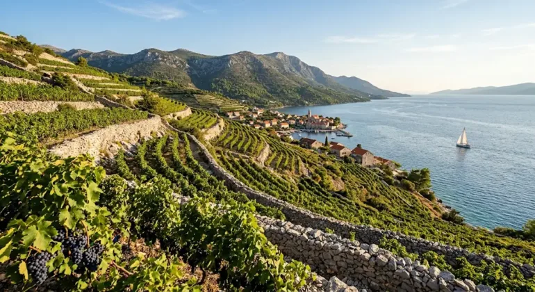Plavac Mali van topkwaliteit 1 Zonnige wijngaarden op het eiland Korčula voor Plavac Mali wijn