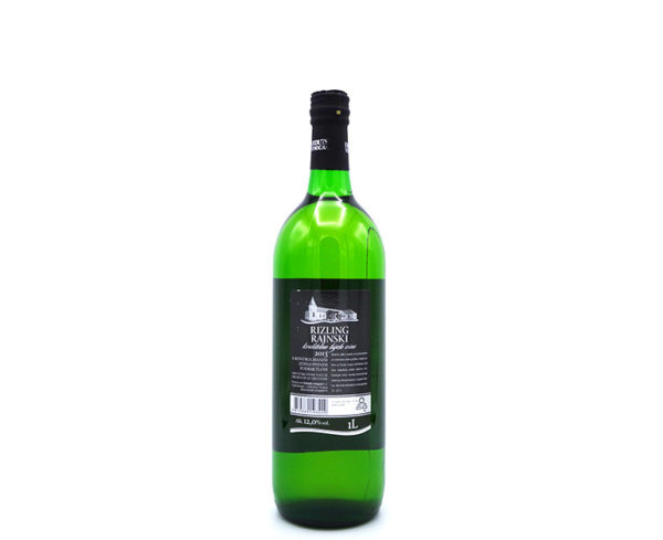 Rhein Riesling uit Kroatië 1L, achterkant van de fles Rhein Riesling uit Kroatië 1L, achterkant van de fles