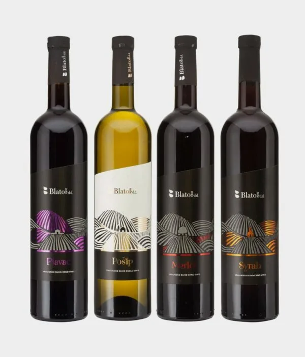Pacáiste blaiseadh fíona ardchaighdeáin ón gCróit comhdhéanta de Plavac Mali, Posip, Merlo agus Syrah