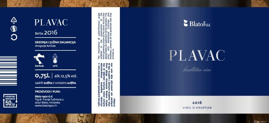 Lipéad fíona ar bhuidéal Plavac Mali fíon