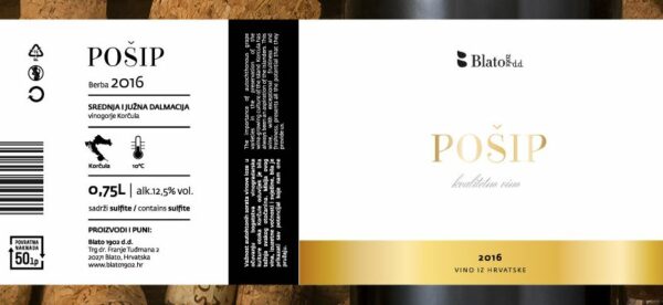 Wijnlabel van een fles Pošip wijn