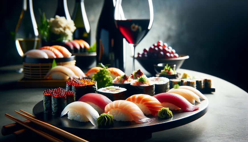 El vino tinto también se puede beber con sushi.