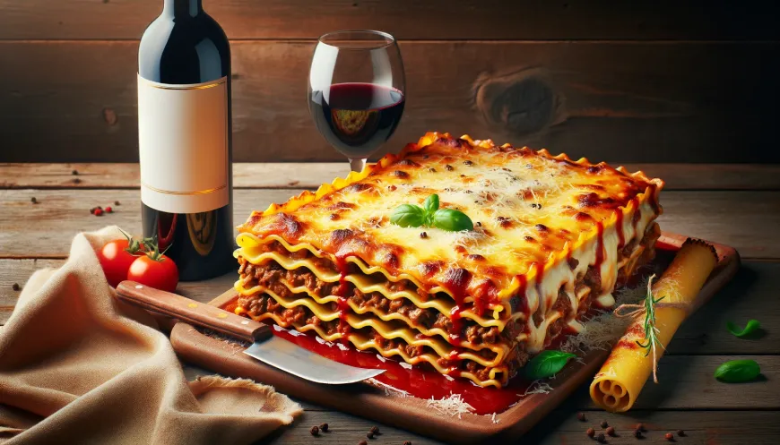 Homemade lasagna with red wine