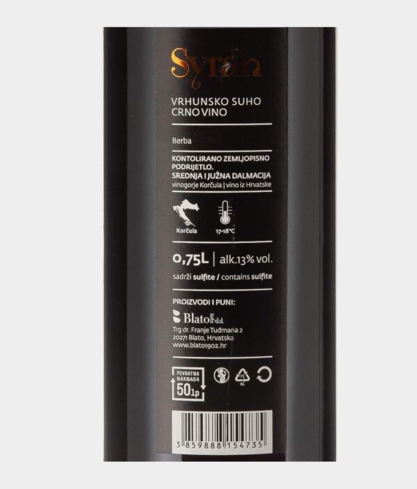 Syrah - Shiraz - Blato 1902 - Vrhunsko - label