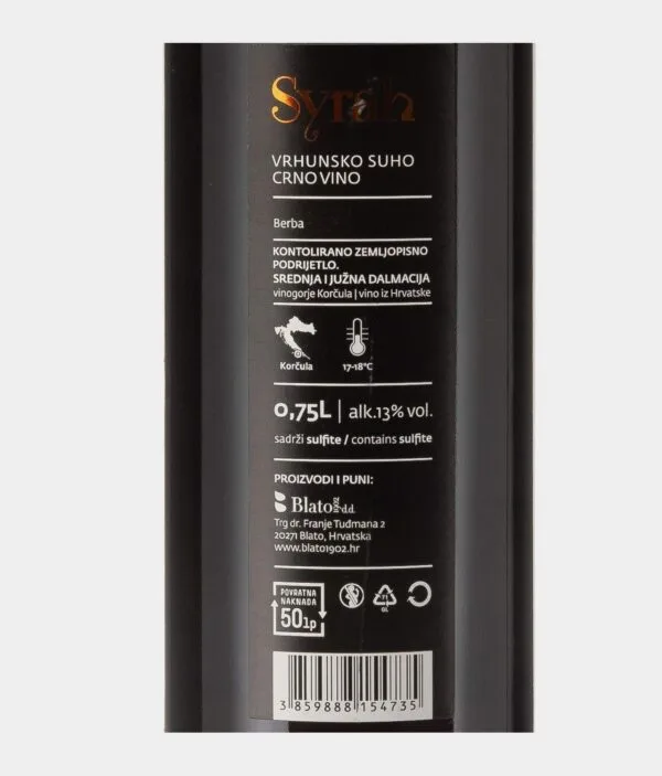 Syrah - Shiraz - Blato 1902 - Vrhunsko - etiqueta