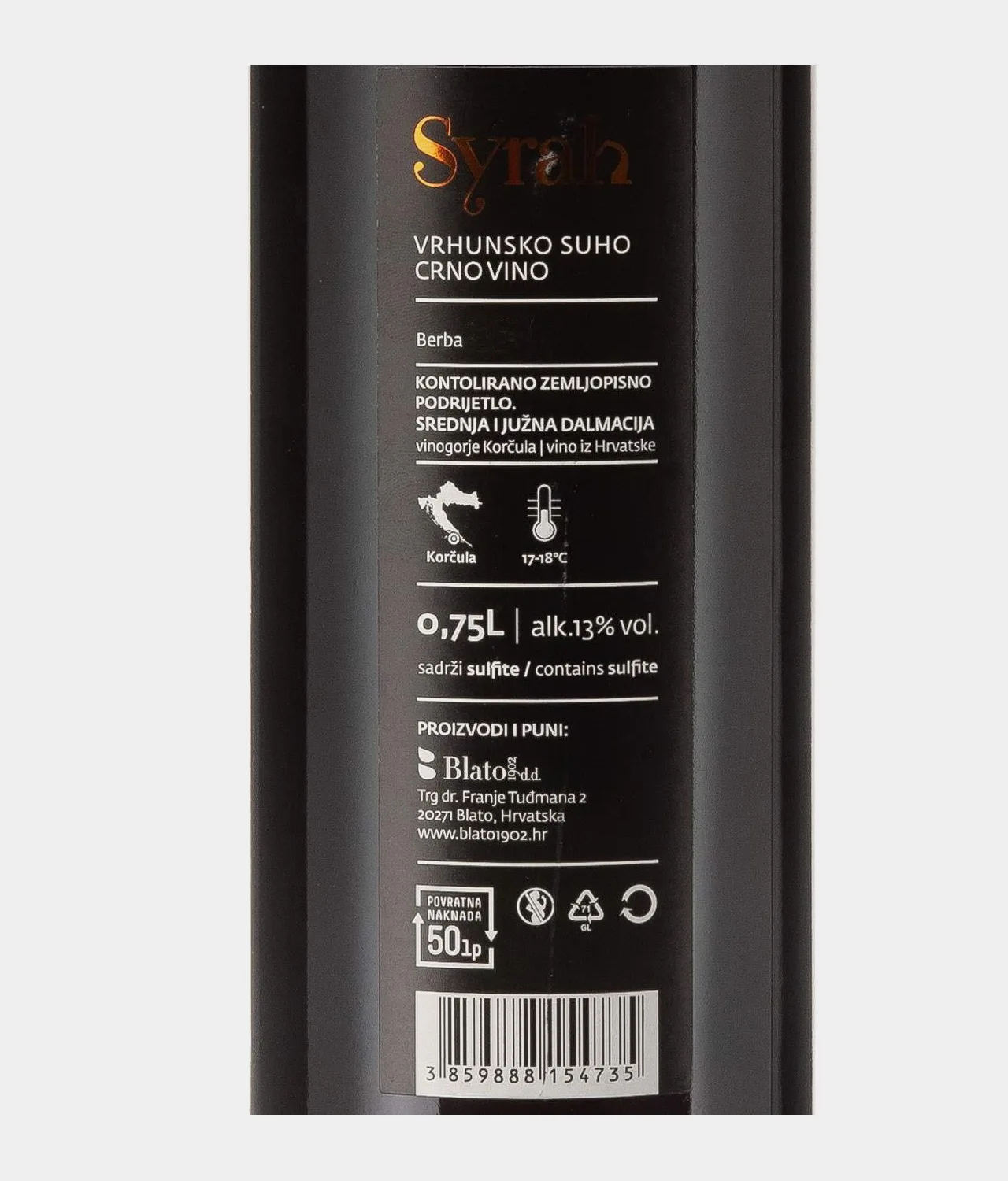 Syrah - Shiraz - Blato 1902 - Vrhunsko - label